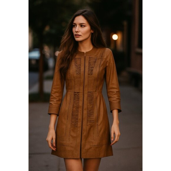 Elie Tahari Leather Jacket Cecilia Brown Size XS Lattice Cut Designer Boho Chic - Picture 1 of 15